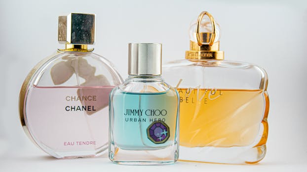 Elegant display of designer perfume bottles featuring Chanel, Jimmy Choo, and Estee Lauder.